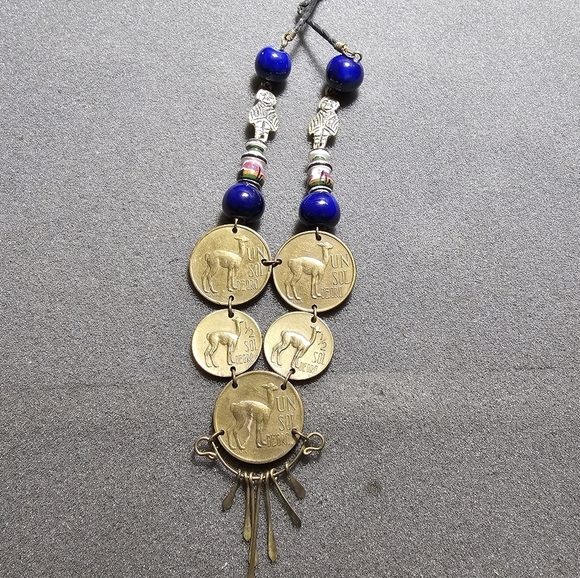Peruvian Coin Necklace with UN SOL/HALF SOL DE ORO Coins Beaded Artisan Made wit - Picture 1 of 9